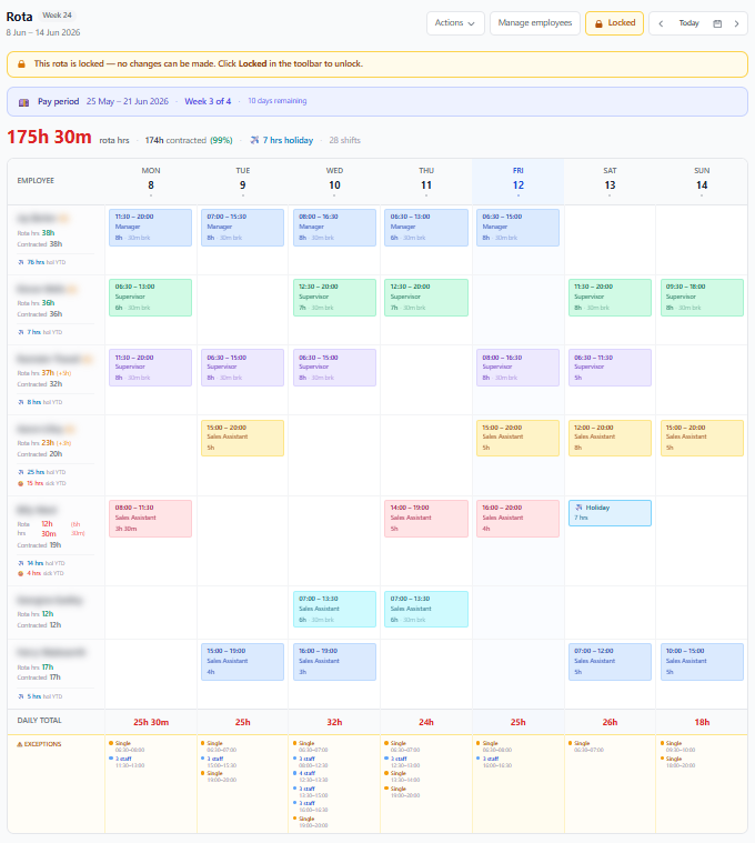 Rota manager — a locked week 24 rota with shifts, contracted hours and daily totals