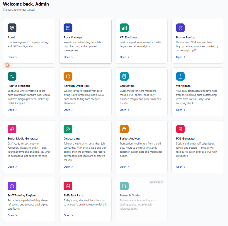 The RetailAce tool grid — rota manager, KPI dashboard, promo buy-up and more